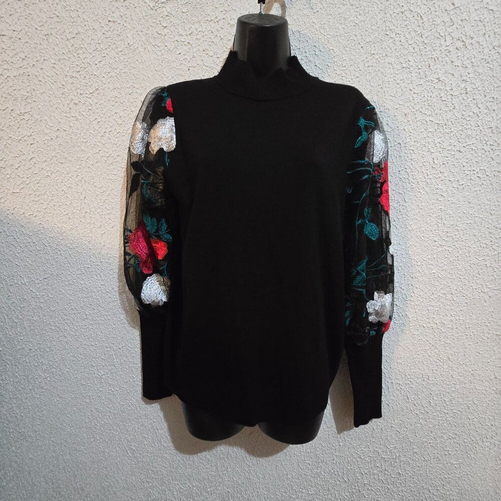 Absolutely FAMOUS Vintage‎ size L Black Floral Embroidered Sheer  Bishop Sleeve